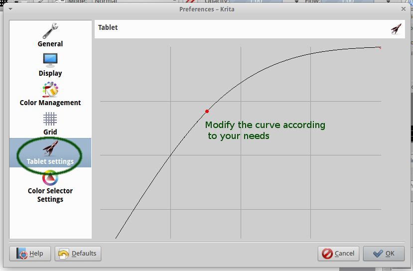 Krita 2.4 Setting up the global pressure
curve