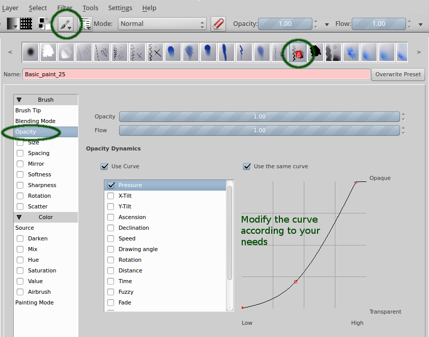 Krita 2.4 Setting up a pressure curve for a
brush