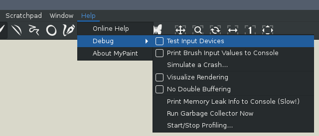 MyPaint menu option for input device testing