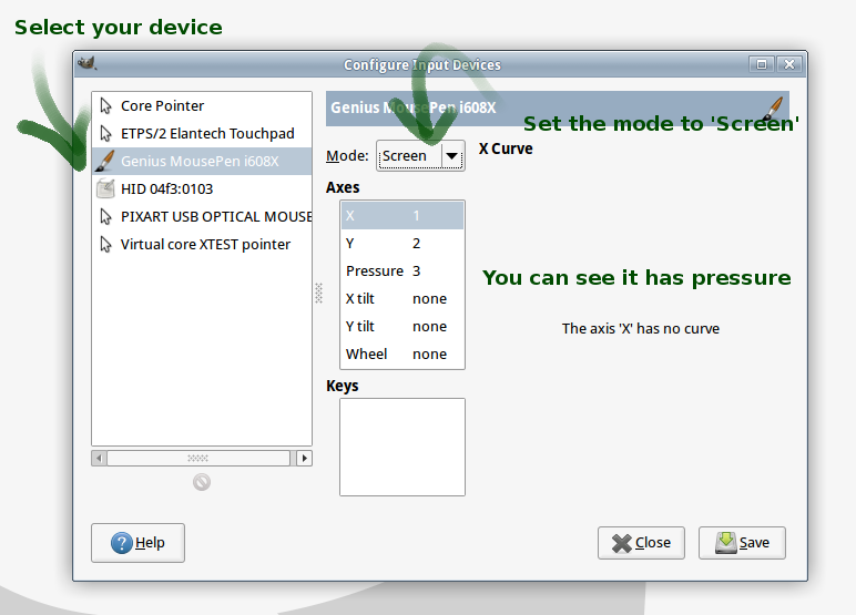 GIMP 2.8 Configure Input Devices dialogue to set up your
pen