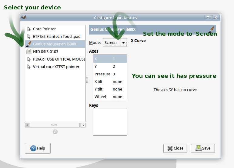 GIMP 2.8 Configure Input Devices dialogue to set up your  pen