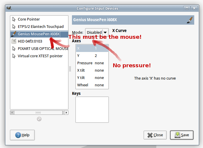 GIMP 2.8 Configure Input Devices dialogue with only the
mouse