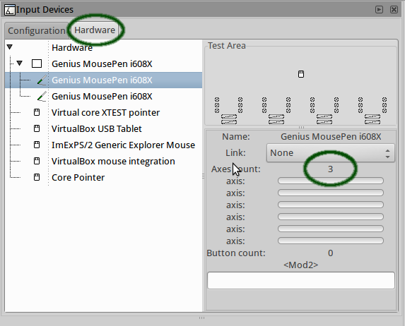 Inkscape 0.48 Input Devices dialogue hardware information for checking
the axes
count