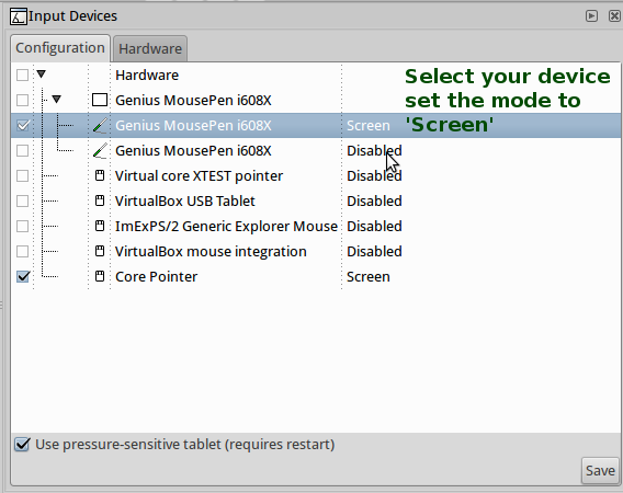 Inkscape 0.48 Input Devices dialogue to set up your
tablet