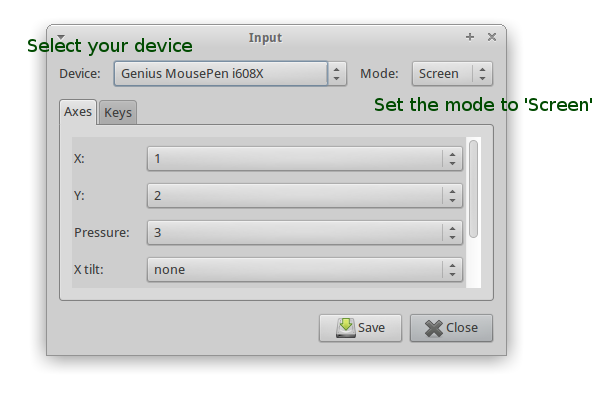 MyPaint 1.0 GTK input device
dialogue